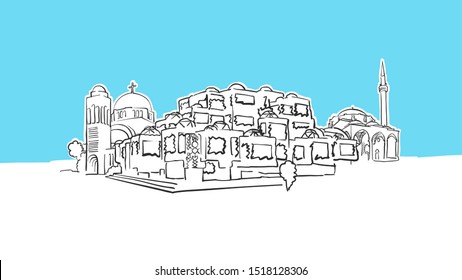 Pristina Kosovo Lineart Vector Sketch. and Drawn Illustration on blue background.