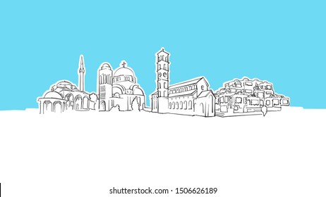 Pristina Kosovo Skyline Panorama Vector Sketch. Hand-drawn Illustration on blue background.