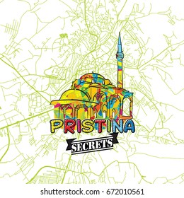 Pristina Travel Secrets Art Map for mapping experts and travel guides. Handmade city logo, typo badge and hand drawn vector image on top are grouped and moveable.