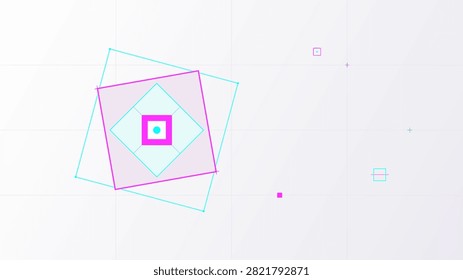 Pristine artistic tech background with floating geometric swiss design frames and vast open space. Magenta, Cyan and Pearl color theme.