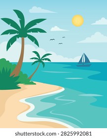 A pristine island paradise featuring lush palms, a sandy cove.