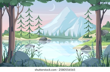 Pristine nature landscape with lake and mountains, pine tree forest. Vector cartoon scene for game design or tourist location, destination for trip or holidays. Dawn and daylight at country