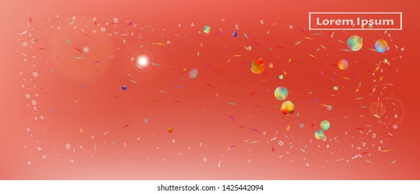 Pristine space and signs confetti. Background color. Usefull colorific illustration. Abstract Ultra Wide background picture. Colorful clear abstraction. Coral main color.