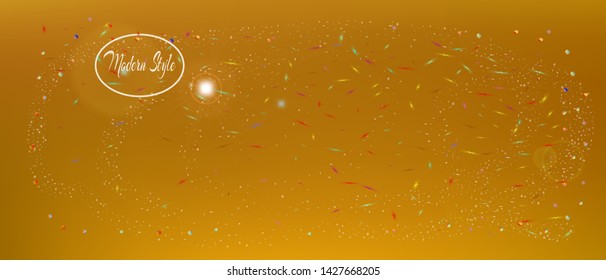 Pristine space and signs confetti. Background modern. Colorful colorific illustration. Colorful great space Ultra Wide background. Colorful new abstraction. Gold colored.