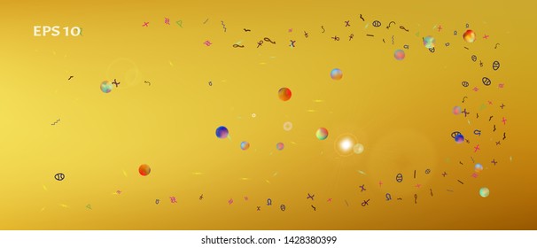 Pristine space and signs confetti. Professional colorific illustration. Background smooth. Ultra Wide background texture. Colorful fresh abstraction. Gold colored.