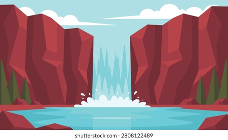 Pristine waterfall cascades between steep red canyon cliffs into a tranquil blue lake surrounded by green pine trees.