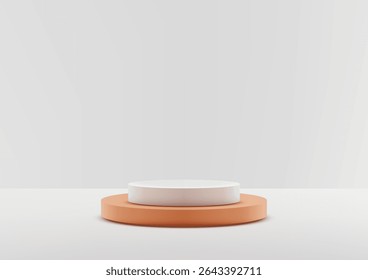 pristine white cylindrical podium on a round orange base, perfect for minimalist product display or mockup presentations. clean modern design on light gray background