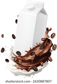 pristine white milk carton stands out amidst white milk and dark coffee splashes with coffee beans floating around Conveys the perfect blend of coffee and milk flavor freshness and convenience