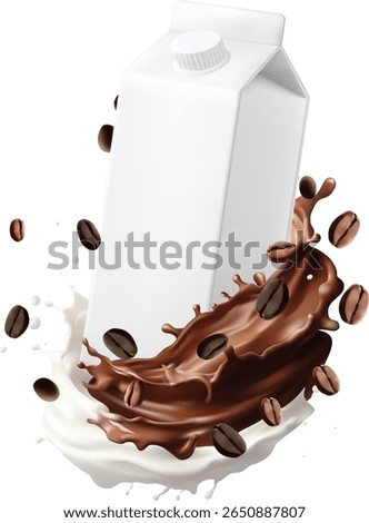 pristine white milk carton stands out amidst white milk and dark coffee splashes with coffee beans floating around Conveys the perfect blend of coffee and milk flavor freshness and convenience
