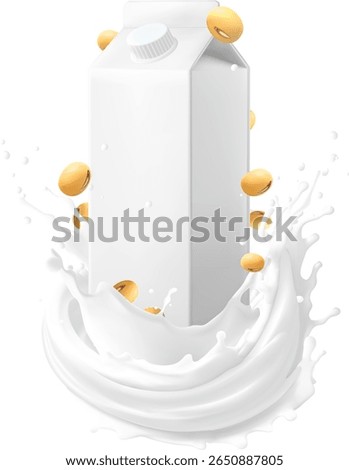 pristine white soy milk carton surrounded by splashes of creamy milk and scattered golden soybeans