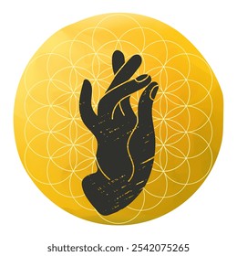 Prithvi mudra illustration, a symbol of strength and stability in a body, set against golden sphere with geometric pattern of the Seed of Life symbol, a sacred pattern representing creation.