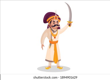 Prithviraj Chauhan is raising his sword up in the sky. Vector graphic illustration. Individually on a white background.