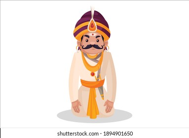 Prithviraj Chauhan is sitting sadly on his knees. Vector graphic illustration. Individually on a white background.