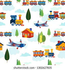 pritn seamless pattern train airplane home transport sky tree illustration vector design