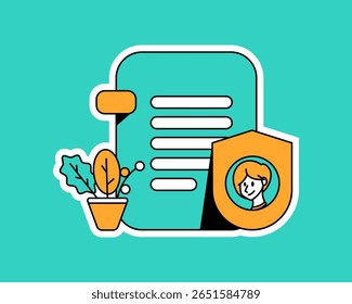 Privacy Account Flat design style, document with shield and profile photo, illustrating data privacy, great for personal info protection and secure account visuals.