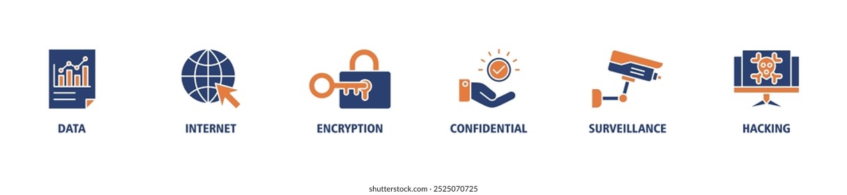 Concepto de Ilustración vectorial del conjunto de iconos de Web de Anuncio de privacidad con el icono de datos, Internet, cifrado, confidencial, vigilancia y piratería