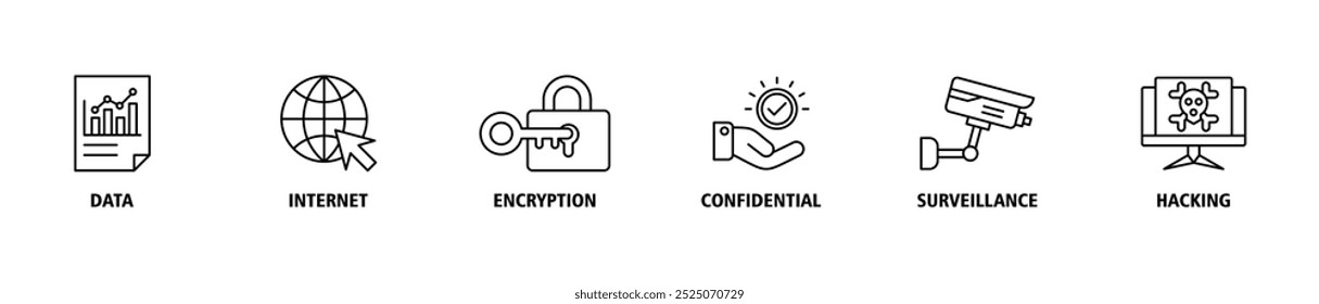 Banner de privacidade ícone web definir conceito de ilustração vetorial com ícone de dados, Internet, criptografia, confidencial, vigilância e hacking ícones infográficos símbolo fundo