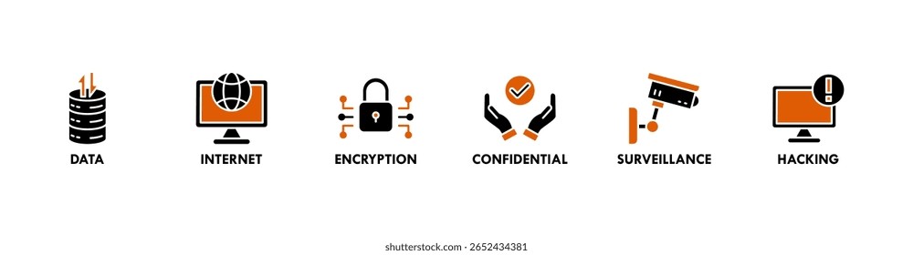 Privacy banner web icon set vector illustration concept with icon of data, internet, encryption, confidential, surveillance and hacking