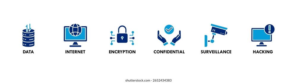 Banner de privacidade ícone da Web definir conceito de ilustração vetorial com ícone de dados, Internet, criptografia, confidencial, vigilância e hacking
