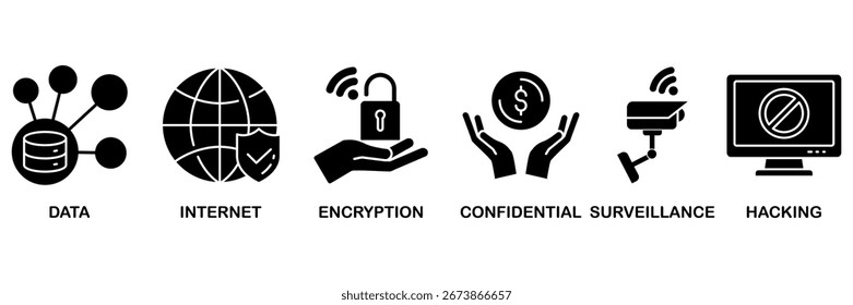 Banner de privacidade ícone web vetor ilustração conceito para� dados, Internet, criptografia, confidencial, vigilância e hacking