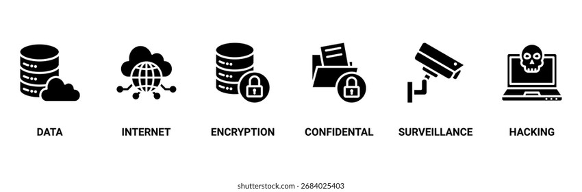 Banner de privacidade ícone web vetor ilustração conceito com ícone de dados, Internet, criptografia, confidencial, vigilância e hacking
