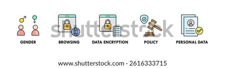 Privacy banner web icon vector illustration concept with icons of gender, browsing, data encryption, policy, and personal data