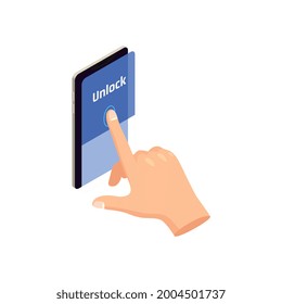 Icono de autenticación biométrica de privacidad con la mano humana desbloqueando el smartphone con ilustración vectorial isométrica de dedo