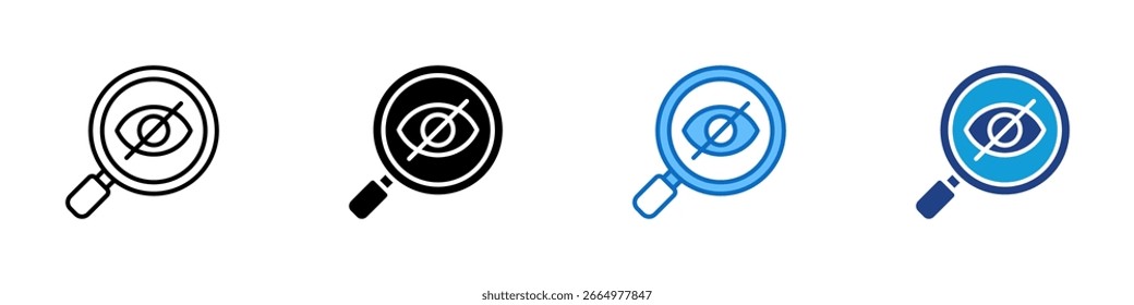 Violação de privacidade Design de ícone de vetor com vários estilos - olho cruzado sob lupa, representando violação de privacidade, vigilância ou exposição de dados ocultos