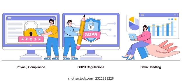 Privacy Compliance, GDPR Regulations, Data Handling Concept with Character. Data Privacy Abstract Vector Illustration Set. Consent Management Metaphor.