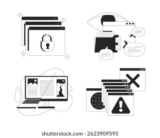 Privacy, content management, system errors line onboarding ui illustrations set. Access denied, cross platform compatibility outline 2D concepts isolated. Ink linear metaphor vector art collection