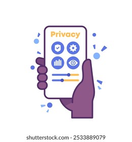 controle e configurações de privacidade, telefone em mãos, ilustração vetorial