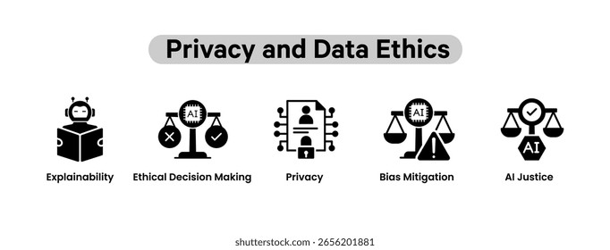 Iconos de privacidad y ética de datos. Privacidad, justicia de IA, mitigación de sesgos, explicabilidad, toma de decisiones éticas. Iconos planos. Ilustración negra.