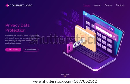 Privacy data protection banner. GDPR concept. Vector landing page of digital security of personal data, safety confidential information with isometric laptop with lock on folder, shield and key