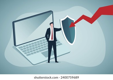 Privacy Data Protection in Internet. Tiny Character in front of Huge Laptop with Shield,Protecting from attack. Cartoon People Vector Illustration.