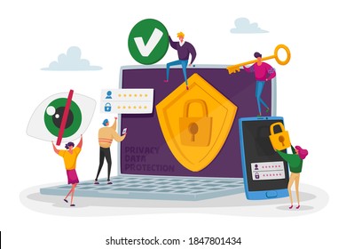 Privacy Data Protection in Internet, Virtual Private Network Concept. Tiny Characters around of Huge Laptop with Shield and Lock Symbol on Screen, Data Security. Cartoon People Vector Illustration