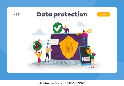 Privacy Data Protection In Internet, Virtual Private Network Landing Page Template. Tiny Characters Around Of Huge Laptop With Shield And Lock On Screen, Security. Cartoon People Vector Illustration