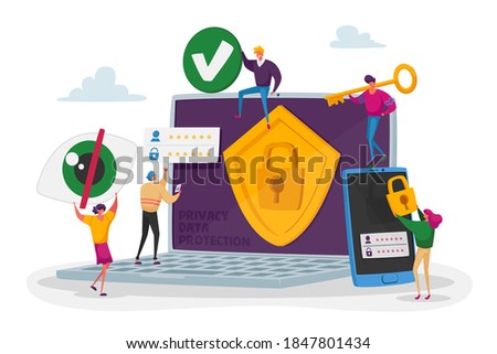 Privacy Data Protection in Internet, Virtual Private Network Concept. Tiny Characters around of Huge Laptop with Shield and Lock Symbol on Screen, Data Security. Cartoon People Vector Illustration