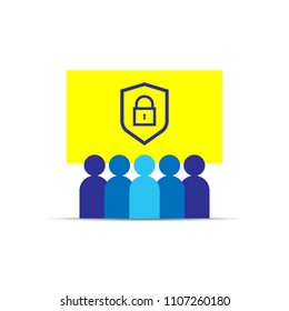 Privacy Data Protection and Internet VPN Security Concept with shield line icon. Group People. Business team work. Social network. Crowd sign. Leadership or community concept. Vector illustration.