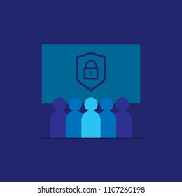 Privacy Data Protection and Internet VPN Security Concept with shield line icon. Group People. Business team work. Social network. Crowd sign. Leadership or community concept. Vector illustration.