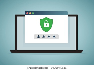 Privacy Data Protection in Internet.Internet network data computer laptop security shield and lock symbol.