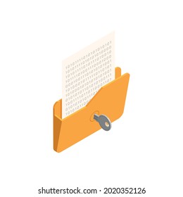 Privacy data protection isometric icon with key locking folder with personal information 3d vector illustration