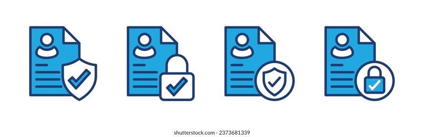 Symbole für die Sicherheit von Datenschutzdaten. Symbol für den Informationsschutz. Persönliche Daten oder Informationen mit Schildschutz, Vorhängeschloss und Markensymbol. Vektorgrafik
