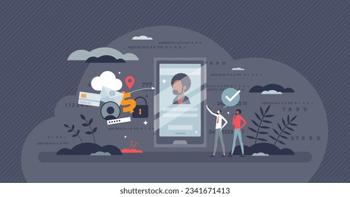 Privacy in digital age for secured personal information tiny person concept. Phone protection with antivirus and encryption system for bank details, credit card data and location vector illustration.