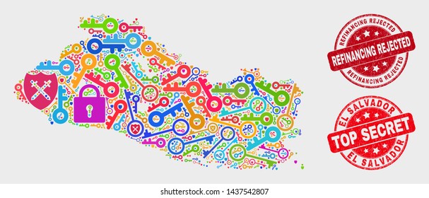 Privacy El Salvador map and stamps. Red round Top Secret and Refinancing Rejected textured seal stamps. Colored El Salvador map mosaic of different administration items.