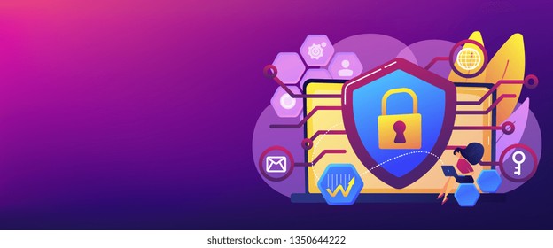 Privacy engineer at laptop with shield improving level of systems privacy. Privacy engineering, privacy-centric model, personal data defence concept. Header or footer banner template with copy space.