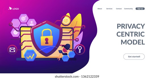 Privacy engineer at laptop with shield improving level of systems privacy. Privacy engineering, privacy-centric model, personal data defence concept. Website vibrant violet landing web page template.