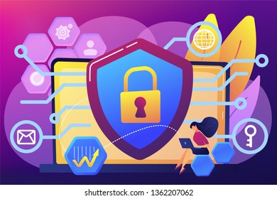 Privacy engineer at laptop with shield improving level of systems privacy. Privacy engineering, privacy-centric model, personal data defence concept. Bright vibrant violet vector isolated illustration