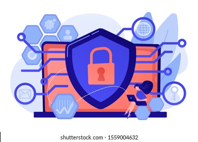 Privacy engineer at laptop with shield improving level of systems privacy. Privacy engineering, privacy-centric model, personal data defence concept. Pinkish coral bluevector isolated illustration