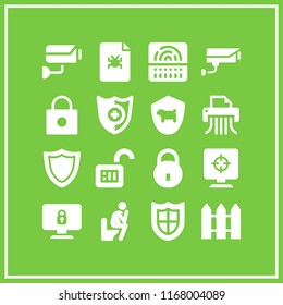 privacy icon. 16 privacy vector set. shield, hacked computer, unlock and computer secure icons for web and design about privacy theme