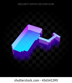 Privacy icon: 3d neon glowing Cctv Camera made of glass with transparent shadow on black background, EPS 10 vector illustration.